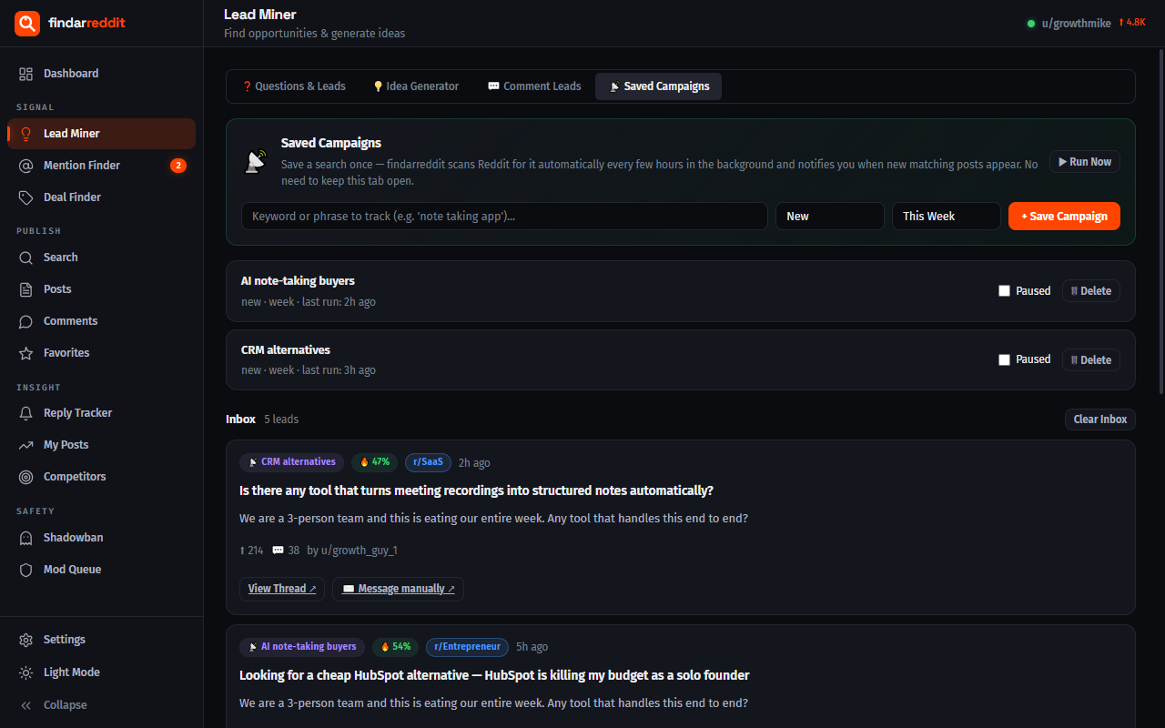 Lead Miner showing saved campaigns and a scored lead inbox